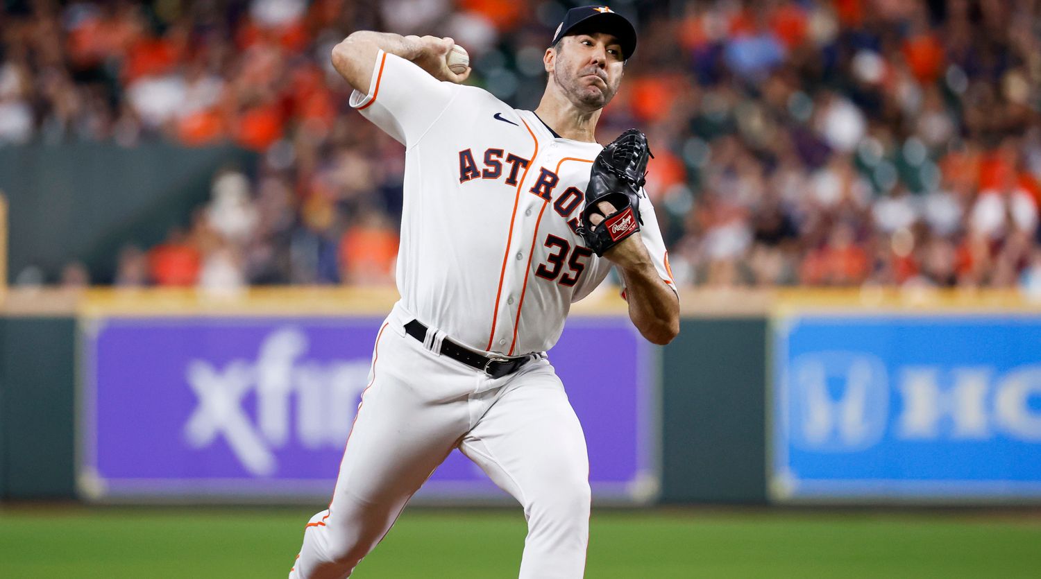 Aug 23, 2022; Houston, Texas, USA; Houston Astros starting pitcher Justin Verlander (35) delivers a pitch during the second inning against the Minnesota Twins at Minute Maid Park.